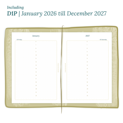 Open planner showing details of the printable PDF planner inserts module D1P day on 1 page for January 2026 till December 2027.