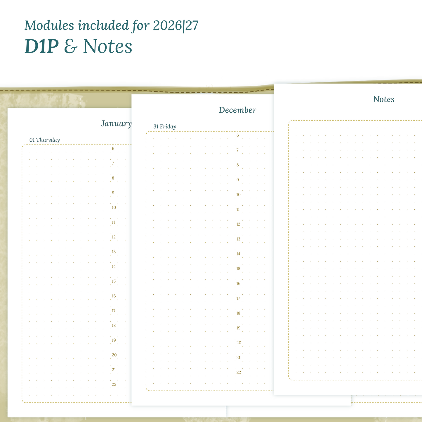 Printable PDF calendar inserts modules for the years 2026 and 2027 featuring D1P day on 1 page and a Notes.