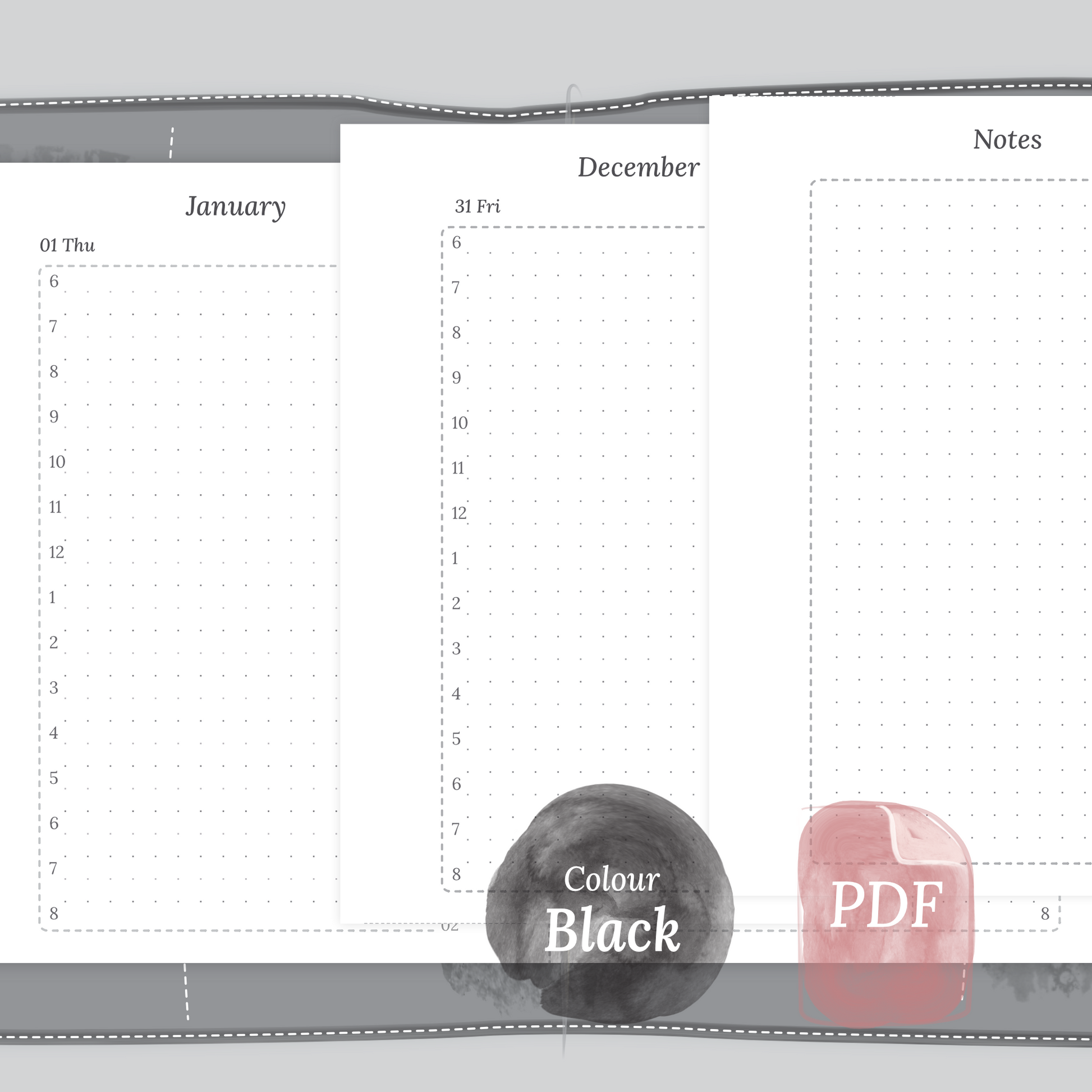 Examples featuring the PDF printable planner inserts module of D1P day on 1 page for 2026 and 2027 in the colour Black & White for Passport size Traveler's Notebook planner.