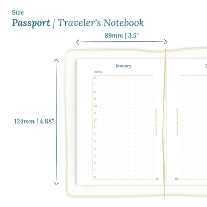 Printable PDF calendar planner insert with dimensions labeled on a white background to show the size supported which is Passport size for Traveler's Notebook.