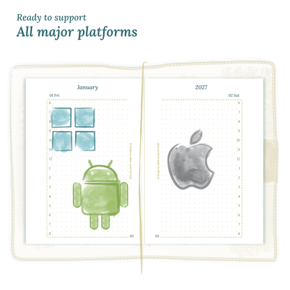 Open planner printable PDF calendar insert with Windows, Android and Apple logos on a white background to show what operating systems are supported by our printables for Passport size Traveler's Notebook planner.