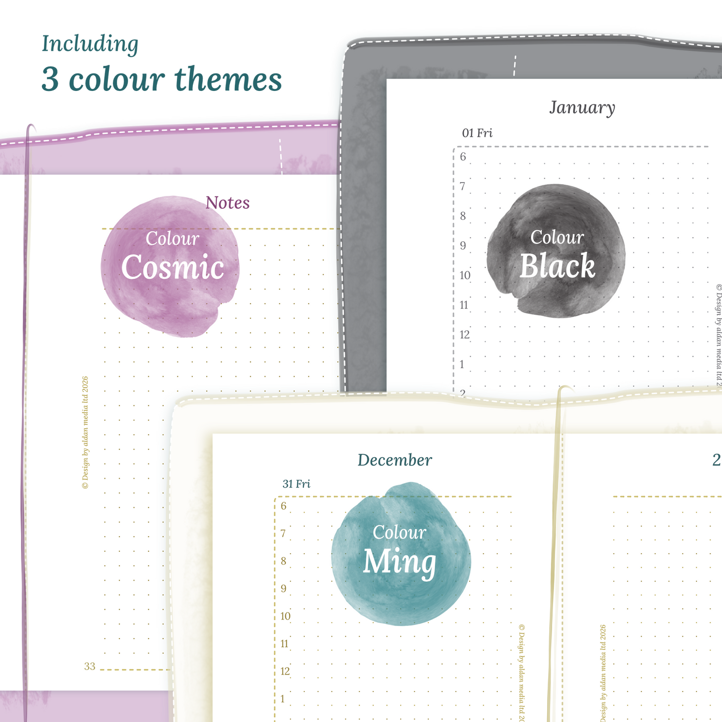 Three colour variants of the calendar designs of the PDF printable inserts with colour themes ‚Cosmic/Raspberry', 'Black', and ‚Ming/Blue' displayed to show how they look like on this module D1P day on 1 page for Passport size Traveler's Notebook planner.