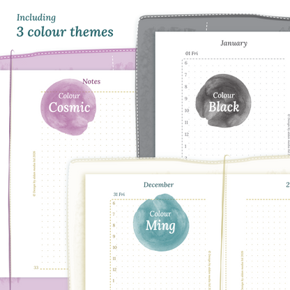 Three colour variants of the calendar designs of the PDF printable inserts with colour themes ‚Cosmic/Raspberry', 'Black', and ‚Ming/Blue' displayed to show how they look like on this module D1P day on 1 page for Passport size Traveler's Notebook planner.