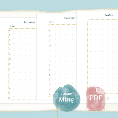 Examples featuring the PDF printable planner inserts module of D1P day on 1 page for 2026 and 2027 in the colour Ming/Blue for Passport size Traveler's Notebook planner.