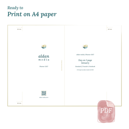 Printable PDF calendar planner with title design on A4 paper that illustrates that our products are ready to print for Standard size Traveler's Notebook planner.