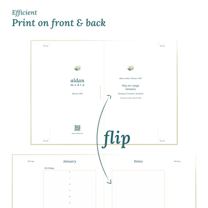 Printable PDF calendar design with a title and text indicating efficient printing on front and back of the A4 page to create a Standard size Traveler's Notebook planner.
