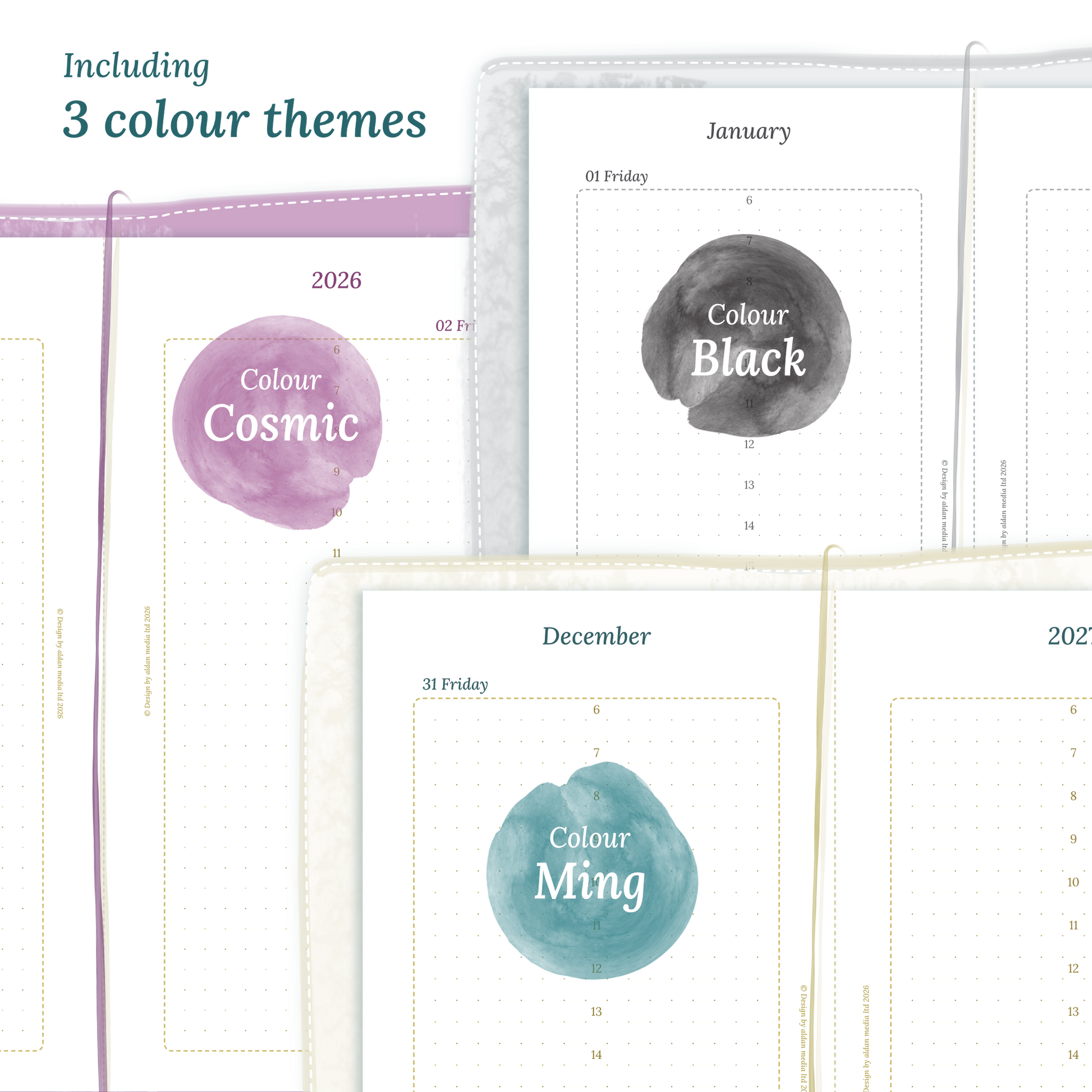 Three colour variants of the calendar designs of the PDF printable inserts with colour themes ‚Cosmic/Raspberry', 'Black', and ‚Ming/Blue' displayed to show how they look like on this module D1P day on 1 page for Standard size Traveler's Notebook planner.