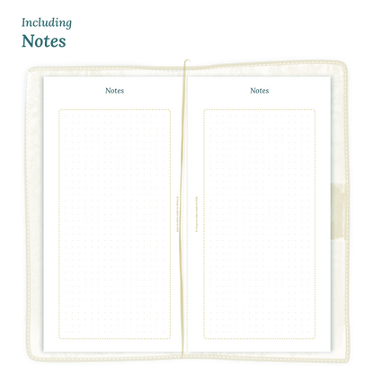 Open planner showing details of the printable PDF planner inserts module Notes for 2027 inside this product D1P day on 1 page for Standard Traveler's Notebook planner.