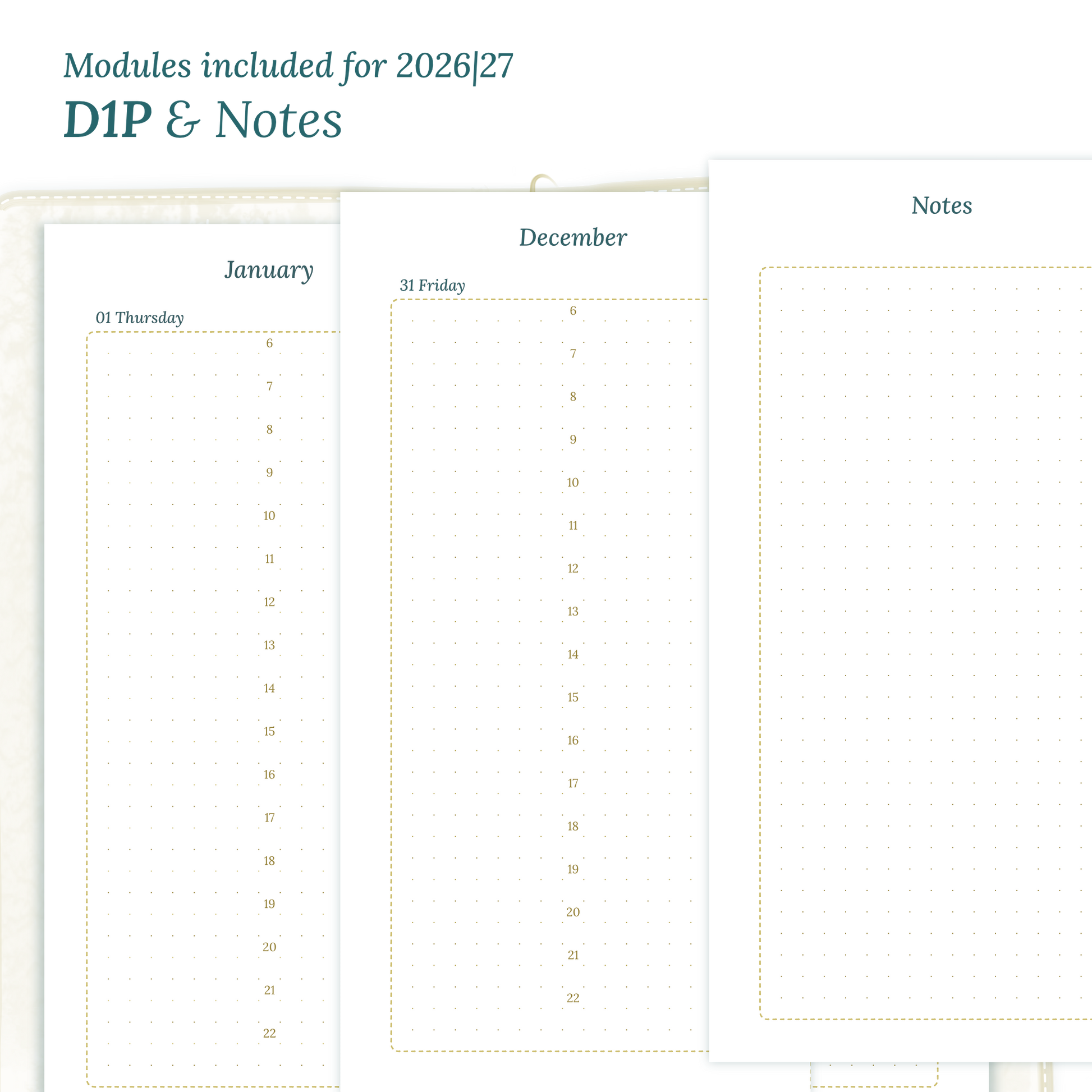 Printable PDF calendar inserts module for the years 2026 and 2027 featuring D1P day on 1 page and a Notes module.