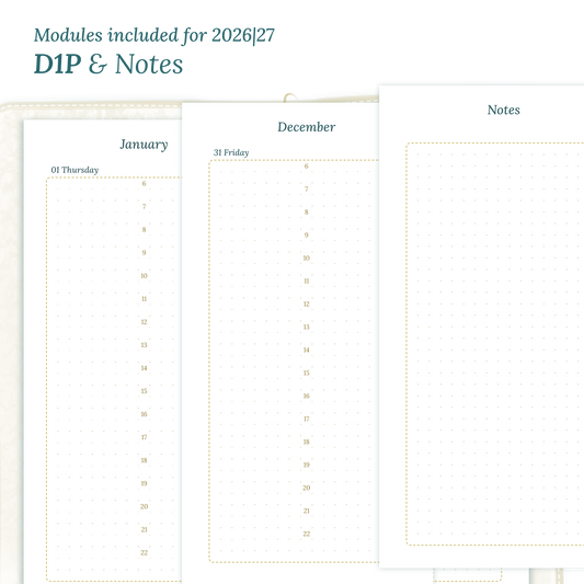 Printable PDF calendar inserts module for the years 2026 and 2027 featuring D1P day on 1 page and a Notes module.