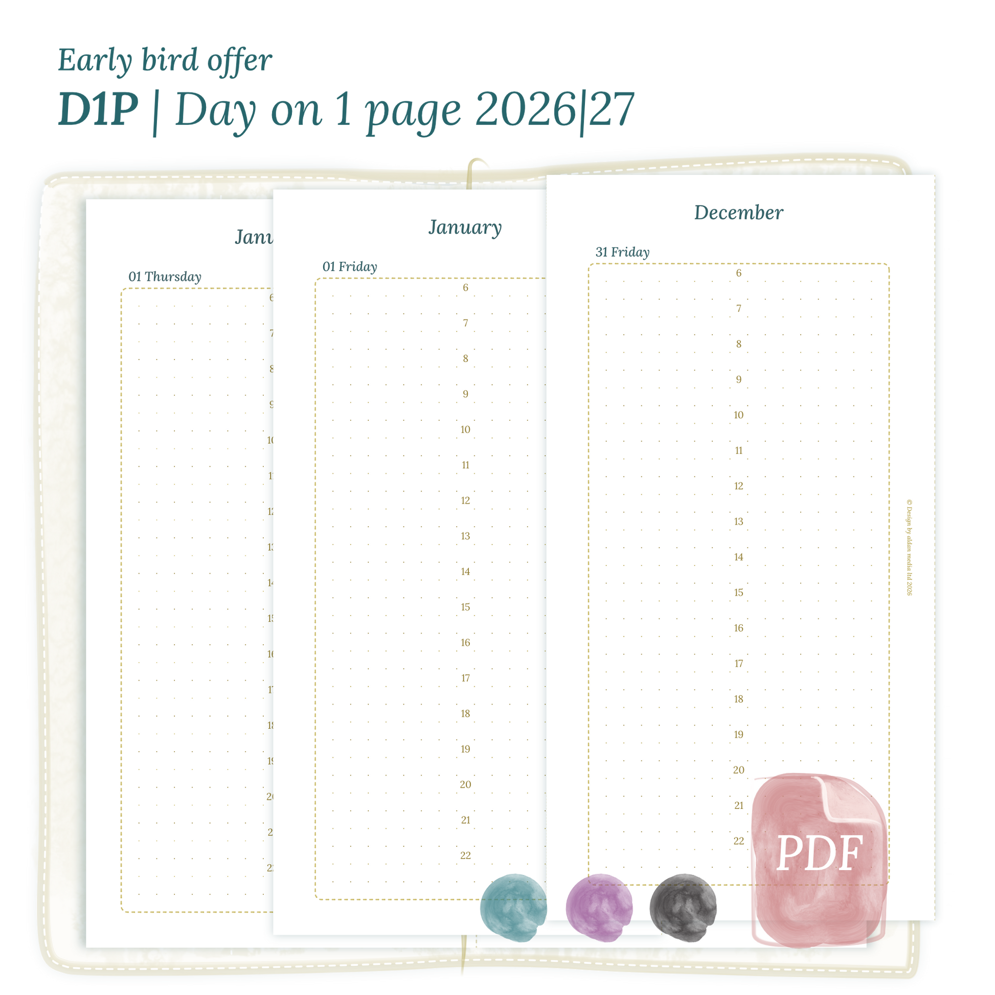 Printable PDF calendar insert D1P day on 1 page module for 2026 and 2027 for Standard size Traveler's Notebook planner.