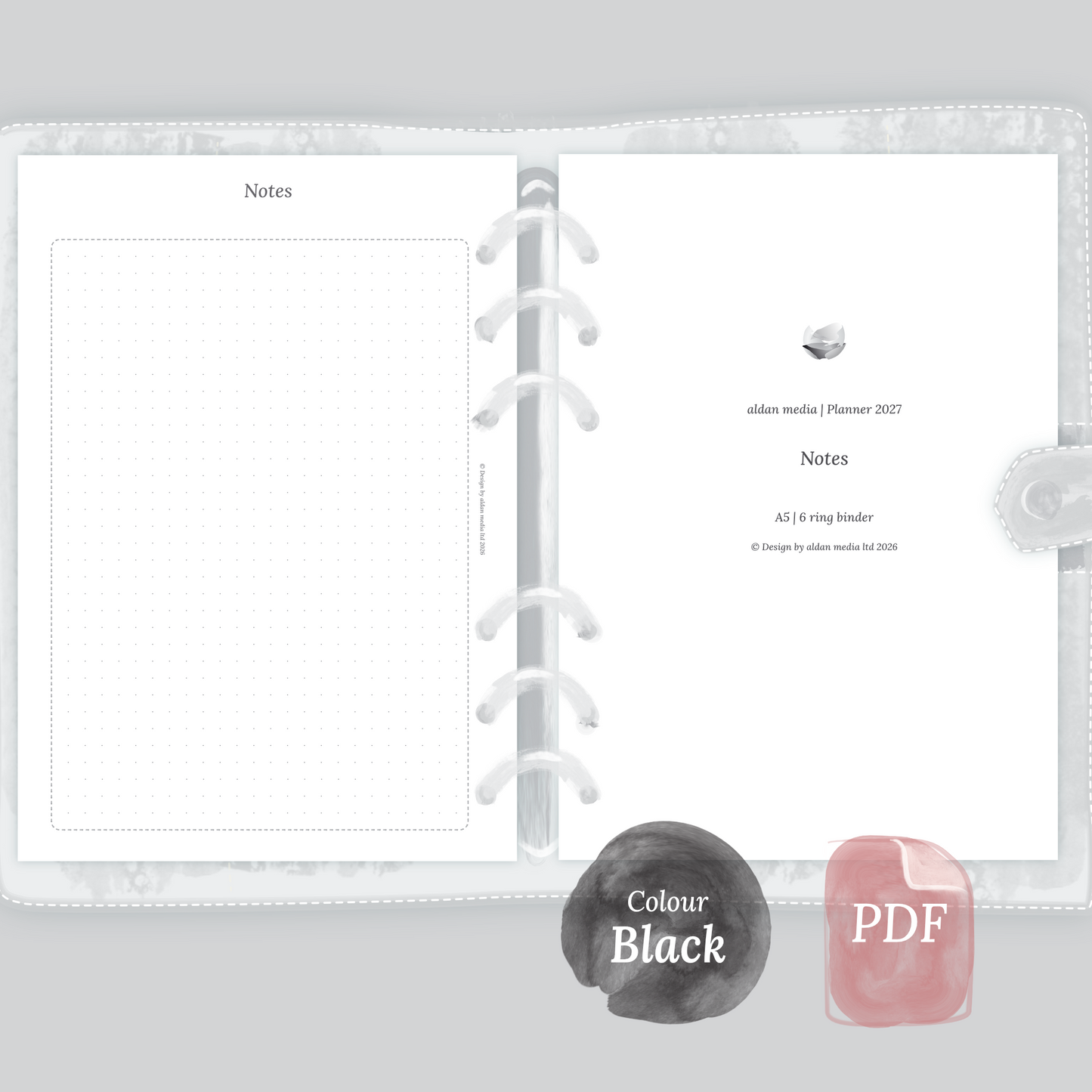 Examples featuring the PDF printable planner inserts module Notes for 2026 and 2027 in the colour Black & White.