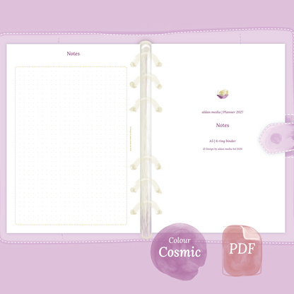 Examples featuring the PDF printable planner inserts module Notes for 2026 and 2027 in the colour Cosmic/Raspberry.