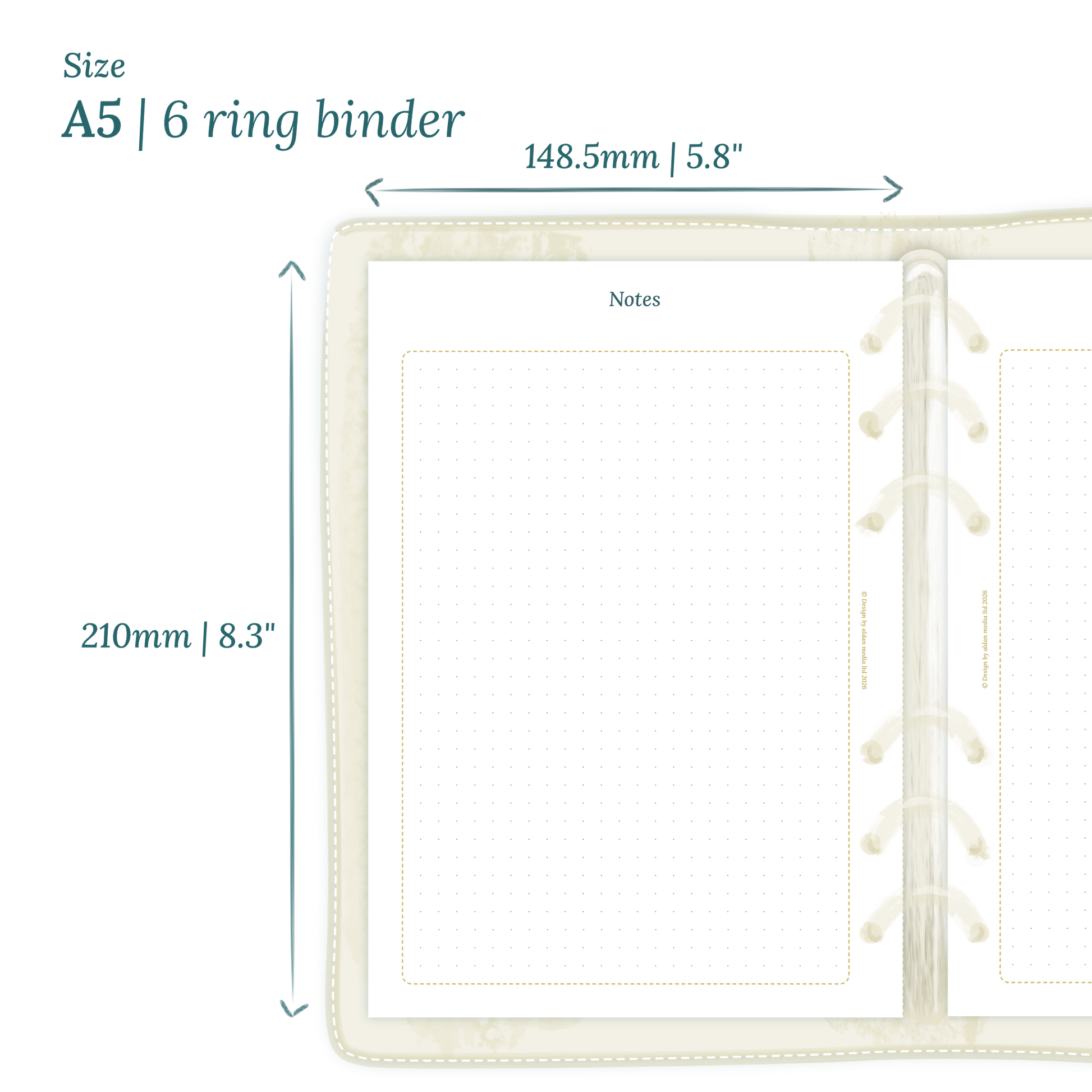 Printable PDF calendar planner insert with dimensions labeled on a white background to show the size supported which is A5 for 6 ring binder.