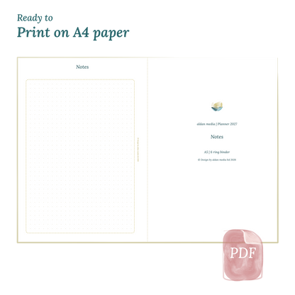 Printable PDF calendar planner with title design on A4 paper that illustrates that our products are ready to print.