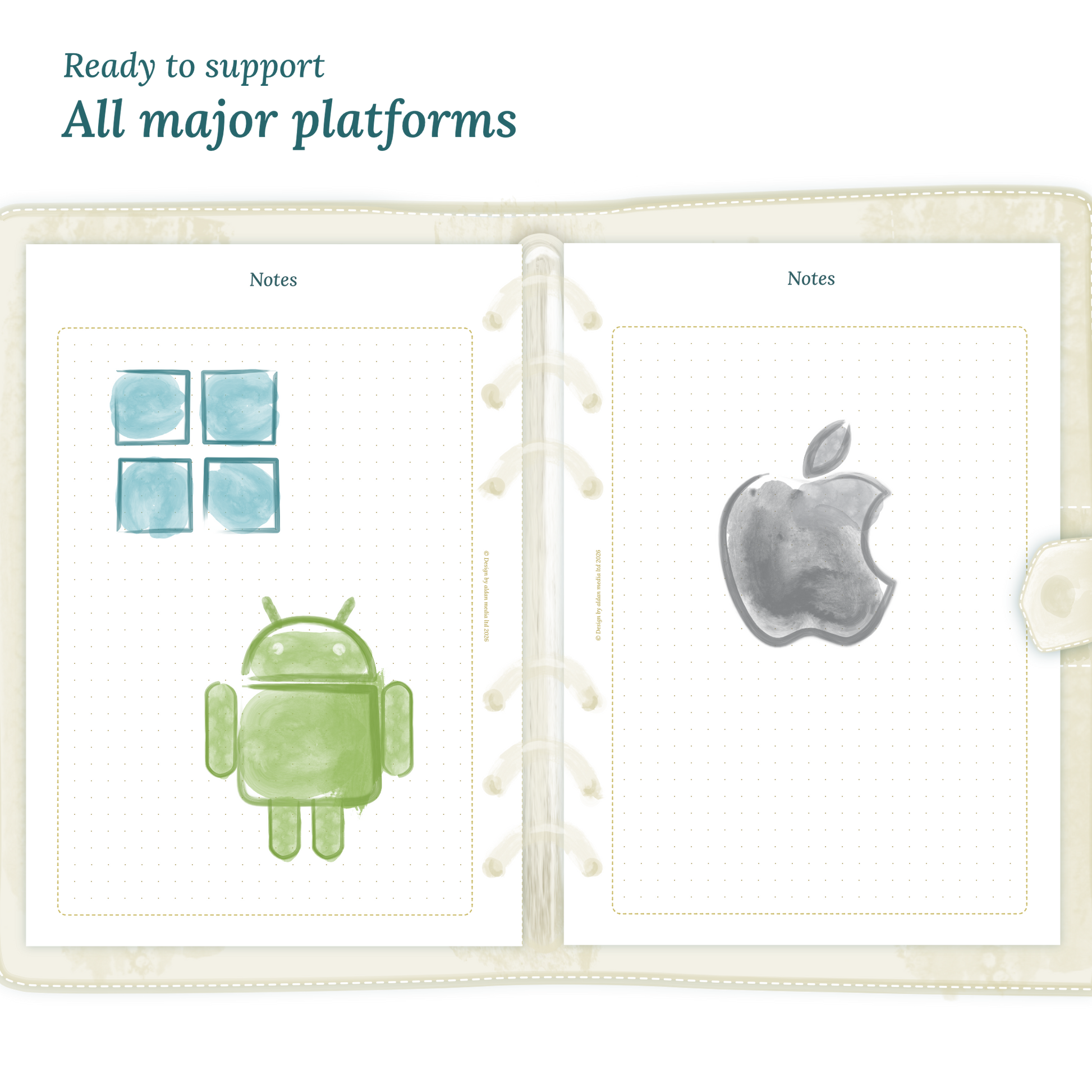 Open planner calendar insert with Windows, Android and Apple logos on a white background to show what operating systems are supported by our PDF printables.