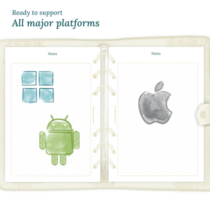 Open planner calendar insert with Windows, Android and Apple logos on a white background to show what operating systems are supported by our PDF printables.