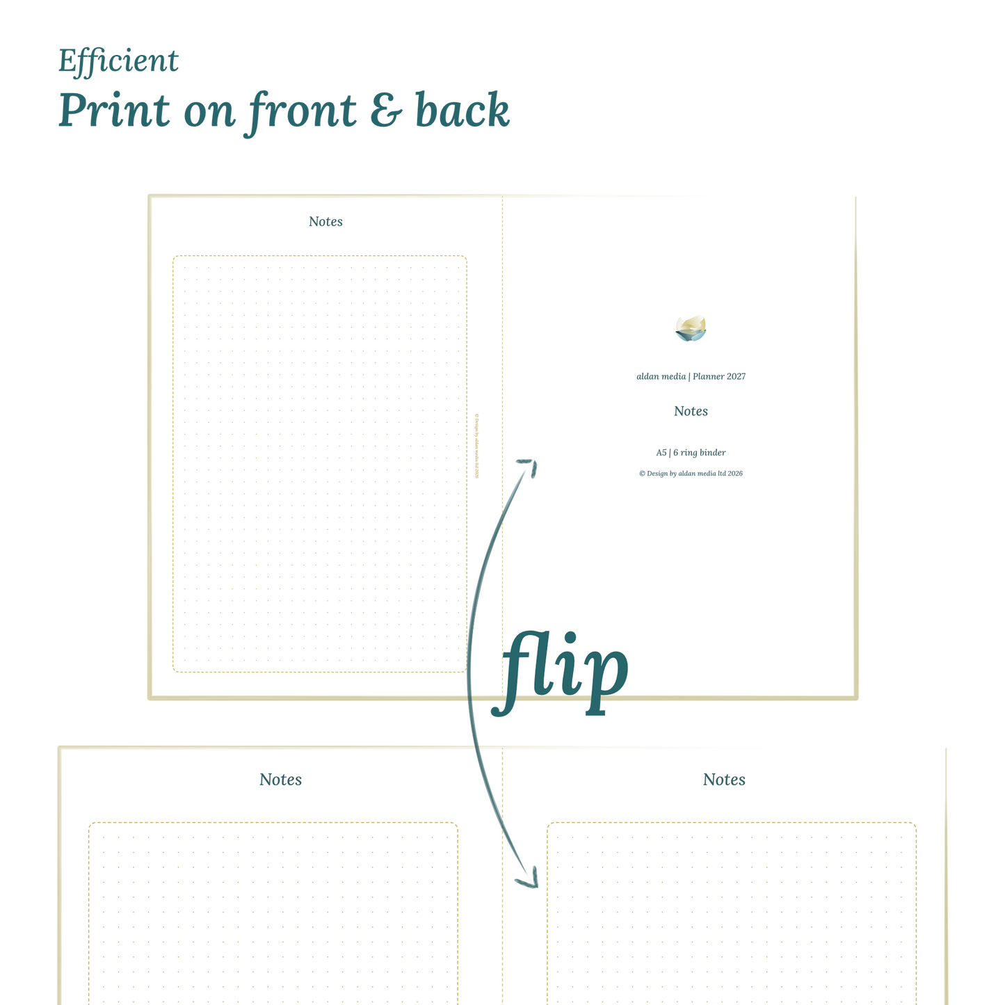 Calendar design with a lake map illustration and text indicating efficient printing on front and back of the A4 page.