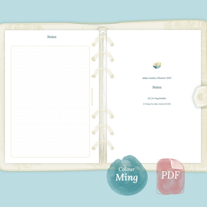 Examples featuring the PDF printable planner inserts module Notes for 2026 and 2027 in the colour Ming/Blue.