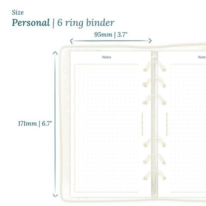Printable PDF calendar planner insert with dimensions labeled on a white background to show the size supported which is Personal for 6 ring binder.