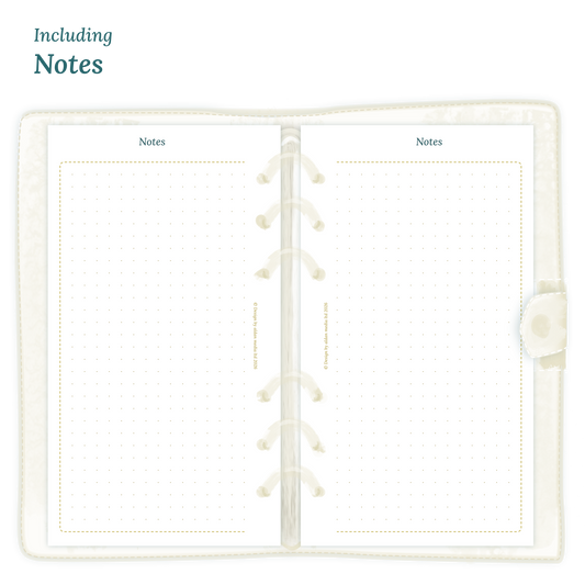 Open planner in Personal size showing details of the PDF printable inserts module Notes for 2027.