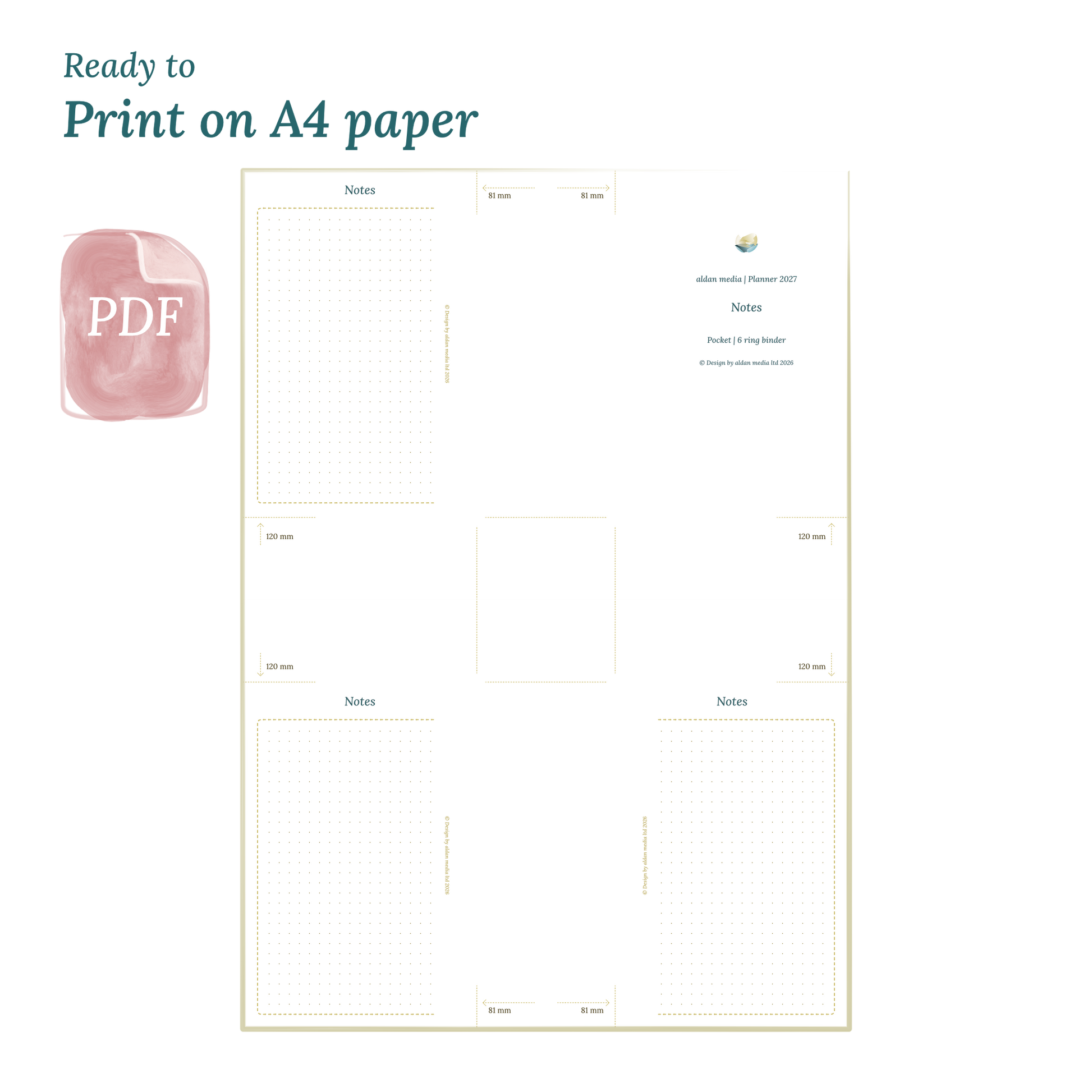 Printable PDF calendar planner with title design on A4 paper that illustrates that our products are ready to print for Pocket size 6 ring binder planner.