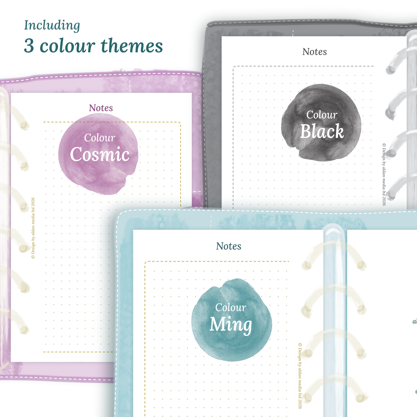 Three colour variants of the calendar designs of the PDF printable inserts with colour themes 'Cosmic/Raspberry', 'Black', and 'Ming/Blue' displayed to show how they look like on this module Notes for Pocket size 6 ring binder planner.