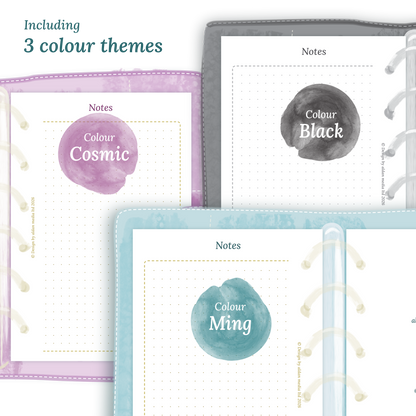 Three colour variants of the calendar designs of the PDF printable inserts with colour themes 'Cosmic/Raspberry', 'Black', and 'Ming/Blue' displayed to show how they look like on this module Notes for Pocket size 6 ring binder planner.