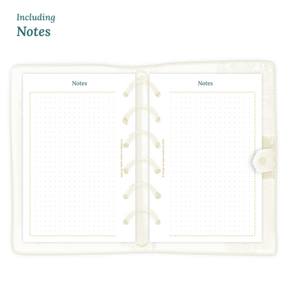 Open planner in Pocket size showing details of the PDF printable inserts module Notes for 2027.