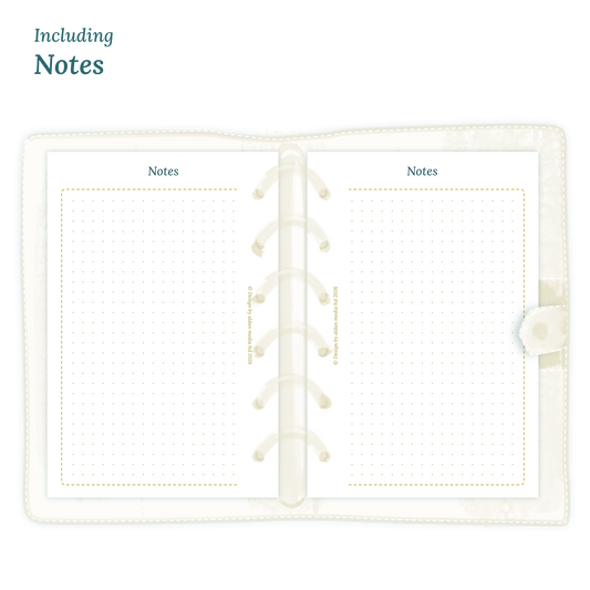 Open planner in Pocket size showing details of the PDF printable inserts module Notes for 2027.