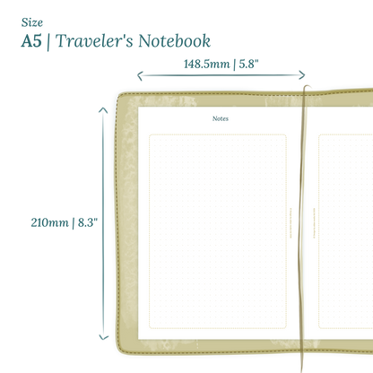 Printable PDF calendar planner insert with dimensions labeled on a white background to show the size supported which is A5 for Traveler's Notebook.