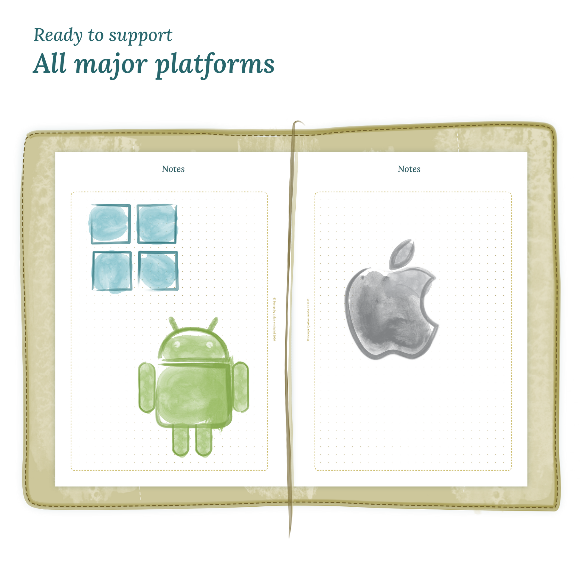 Open planner calendar insert with Windows, Android and Apple logos on a white background to show what operating systems are supported by our PDF printables.
