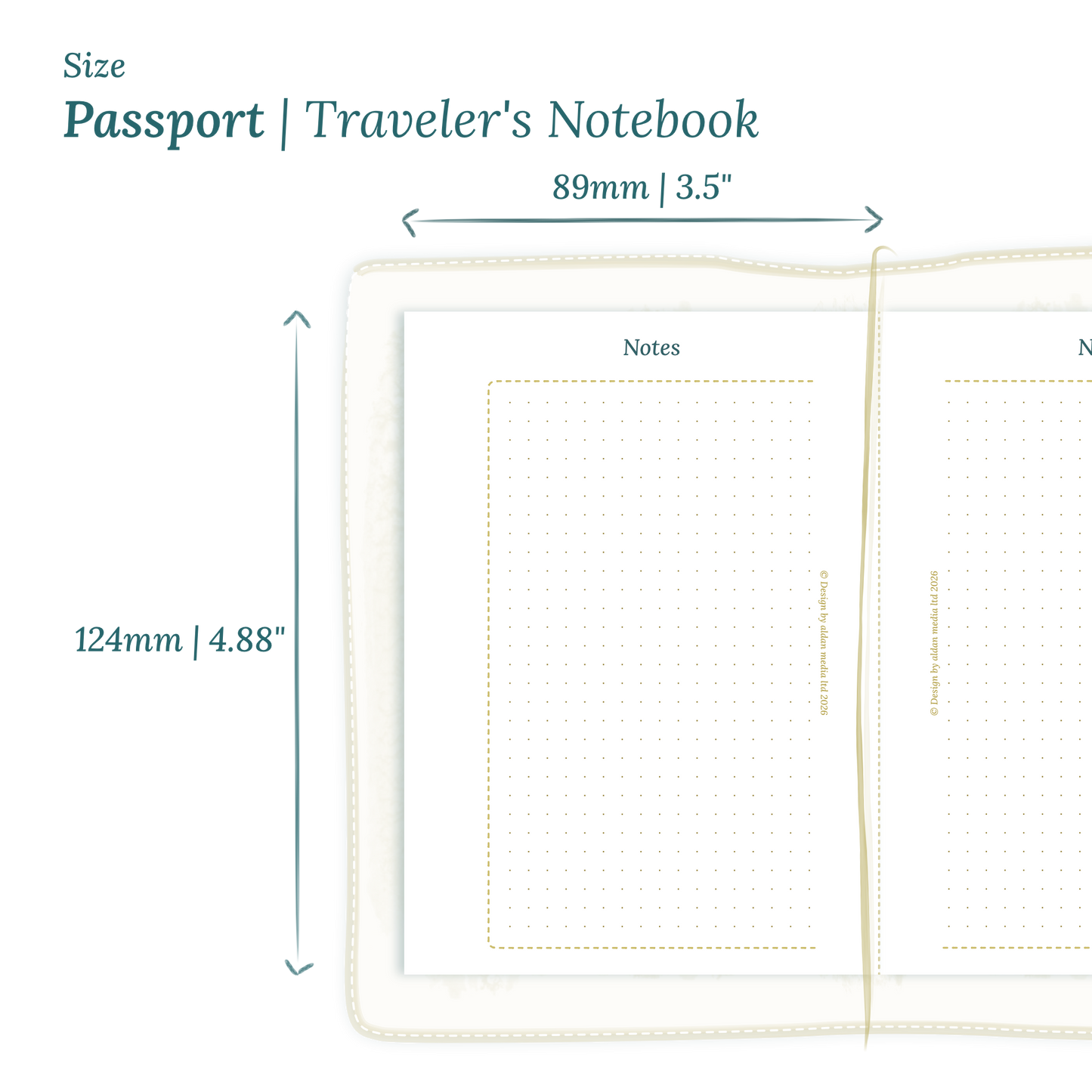 Printable PDF calendar planner insert with dimensions labeled on a white background to show the size supported which is Passport for Traveler's Notebook.