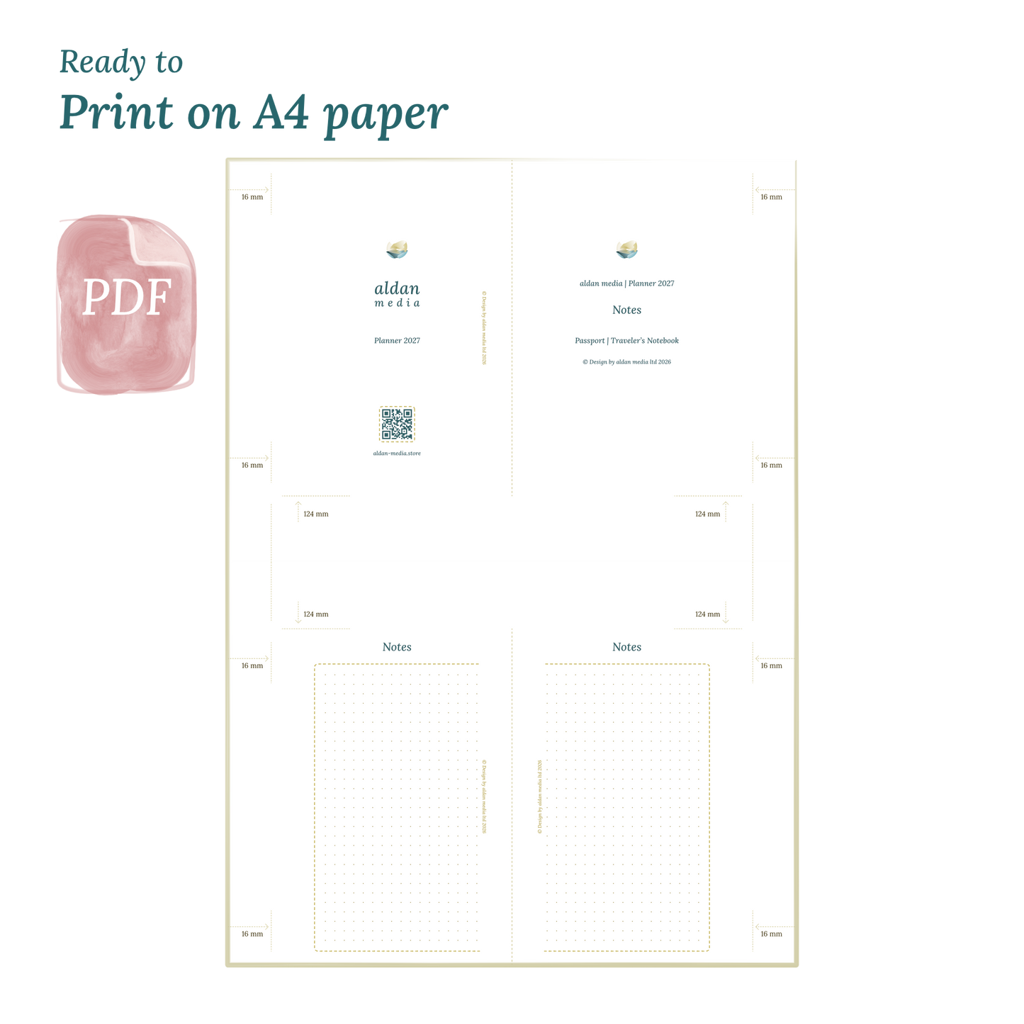 Printable PDF calendar planner with title design on A4 paper that illustrates that our products are ready to print for Passport size Traveler's Notebook planner.