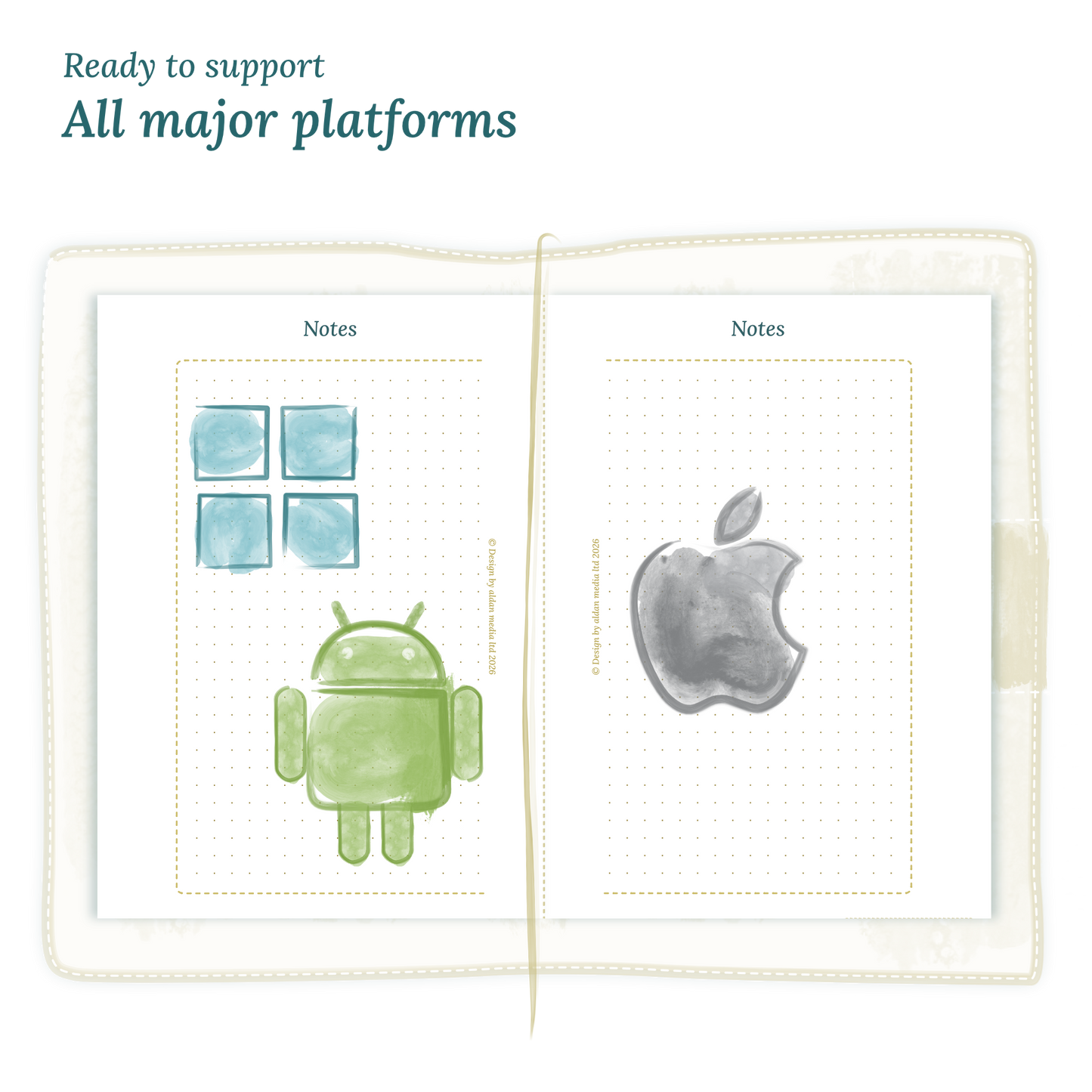 Open planner calendar insert with Windows, Android and Apple logos on a white background to show what operating systems are supported by our PDF printables for Passport size Traveler's Notebook planner.