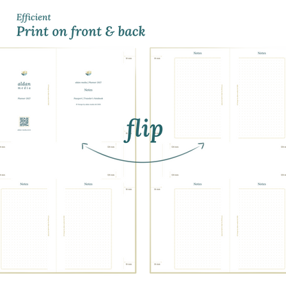 Printable PDF calendar design with a title and text indicating efficient printing on front and back of the A4 page for Passport size Traveler's Notebook planner.