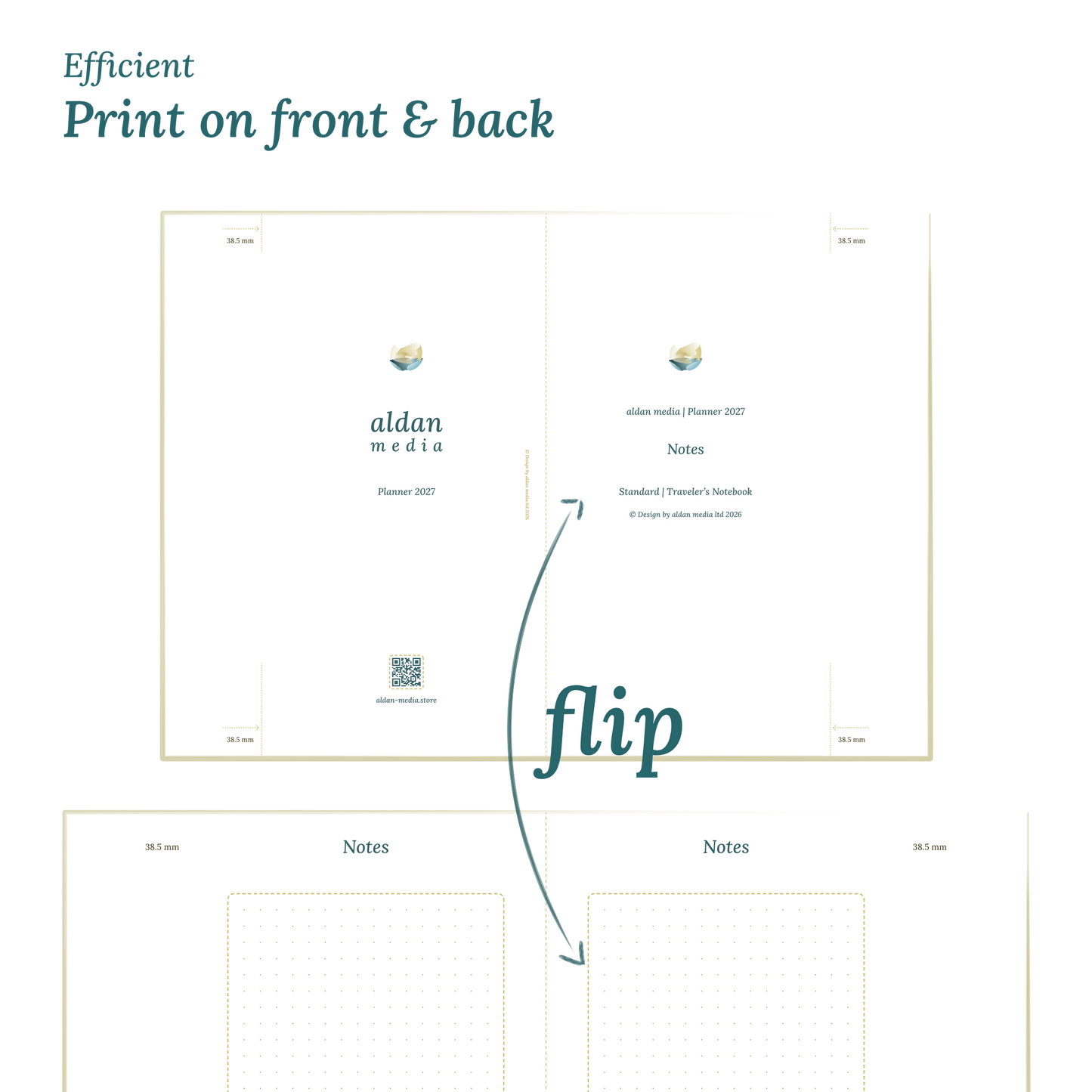 Printable PDF calendar design with a title and text indicating efficient printing on front and back of the A4 page for Standard size Traveler's Notebook planner.