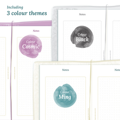 Three colour variants of the calendar designs of the PDF printable inserts with colour themes 'Cosmic/Raspberry', 'Black', and 'Ming/Blue' displayed to show how they look like on this module Notes for Standard size Traveler's Notebook planner.