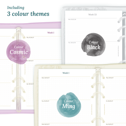 Three colour variants of the calendar designs with colour themes 'Cosmic', 'Black', and 'Ming' displayed to show how they look like on this module W2P week on 2 pages.