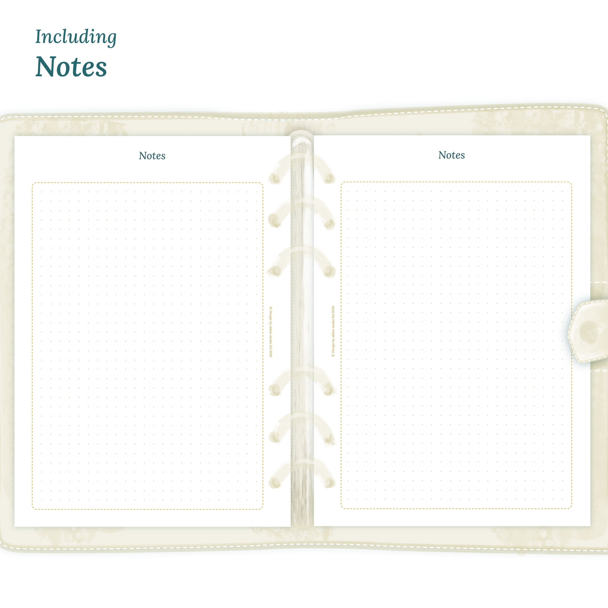 Open planner showing details of the PDF printable planner inserts module Notes for 2027.