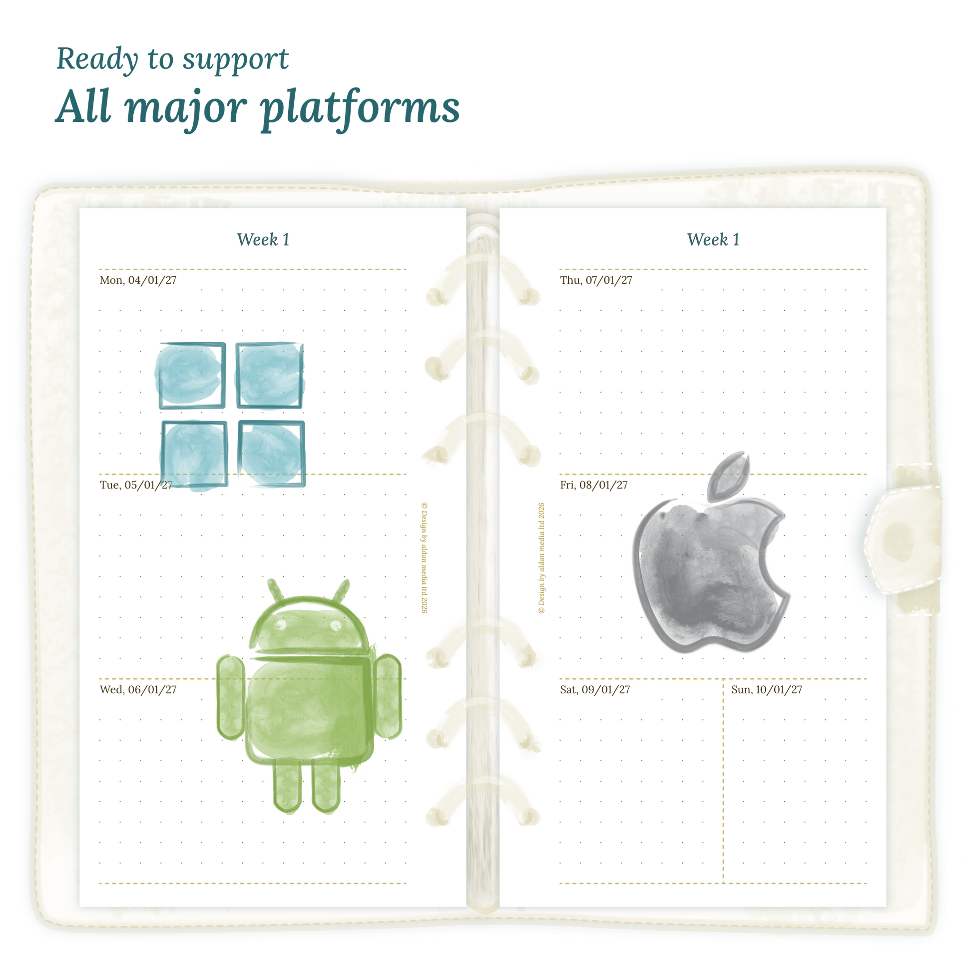 Open planner calendar insert with Windows, Android and Apple logos on a white background to show what operating systems are supported by our PDF printables for Personal size 6 ring binder planner.