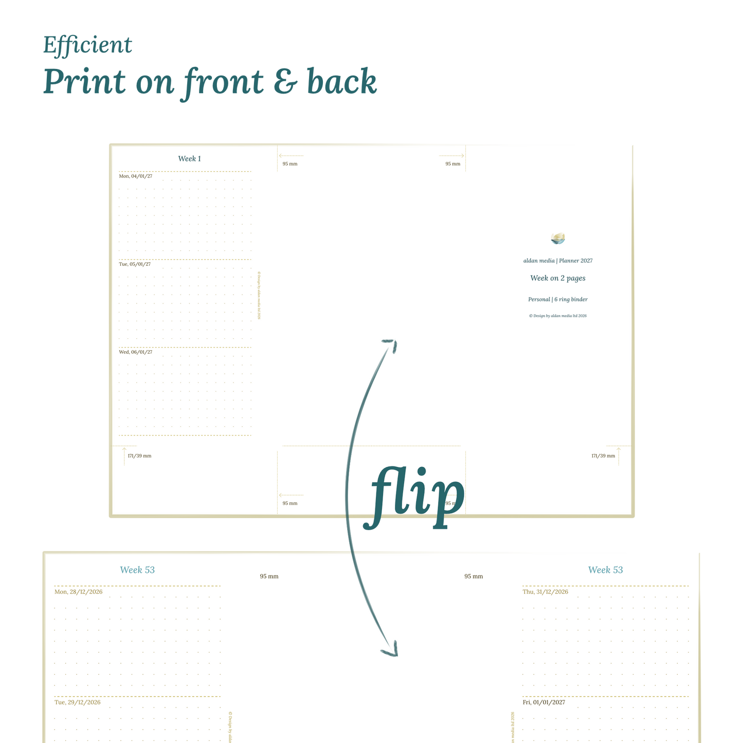 Printable PDF calendar design with a title illustration and text indicating efficient printing on front and back of the A4 page for Personal size 6 ring binder planner.