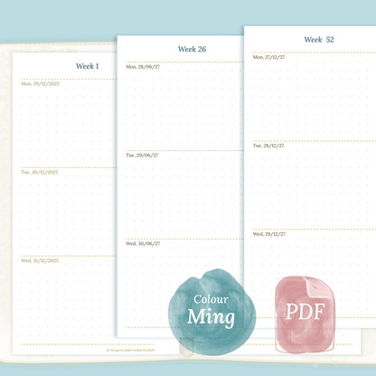 Examples featuring the PDF printable planner inserts module of W2P week on 2 pages for 2026 and 2027 in the colour Ming/Blue for Personal size 6 ring binder planner.
