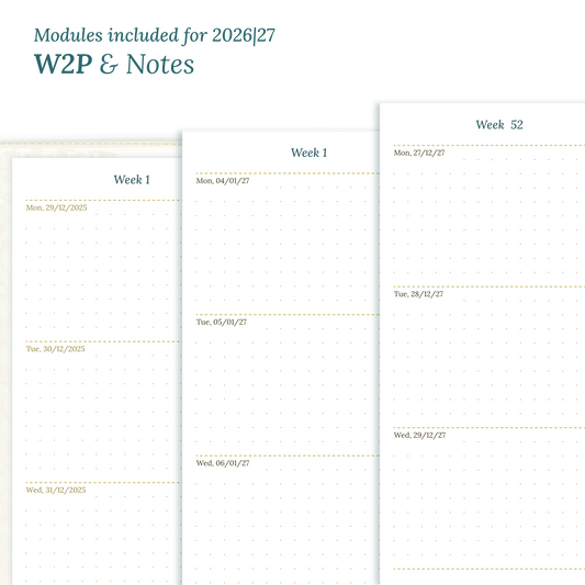 Calendar PDF printable inserts module for the years 2026 and 2027 featuring W2P week on 2 pages and a Notes module magnified.