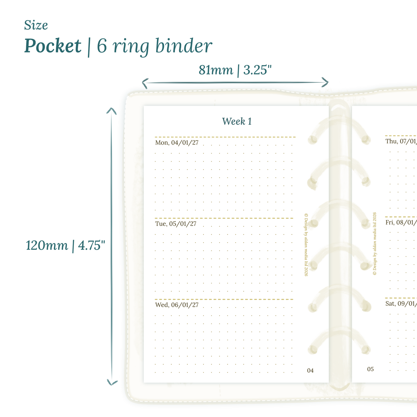 Calendar planner PDF printable insert with dimensions labeled on a white background to show the size supported which is Pocket size for 6 ring binder.