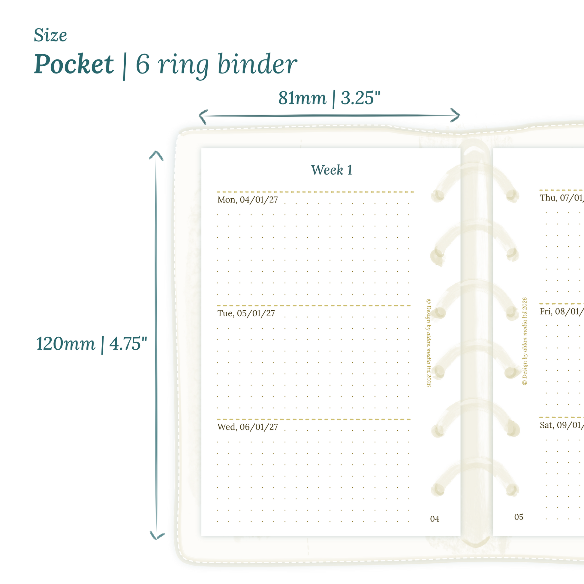 Calendar planner PDF printable insert with dimensions labeled on a white background to show the size supported which is Pocket size for 6 ring binder.