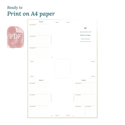 Printable PDF calendar planner with title design on A4 paper that illustrates that our products are ready to print for Pocket size 6 ring binder planner.