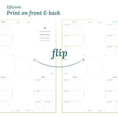 Printable PDF calendar design with a title illustration and text indicating efficient printing on front and back of the A4 page for Pocket size 6 ring binder planner.