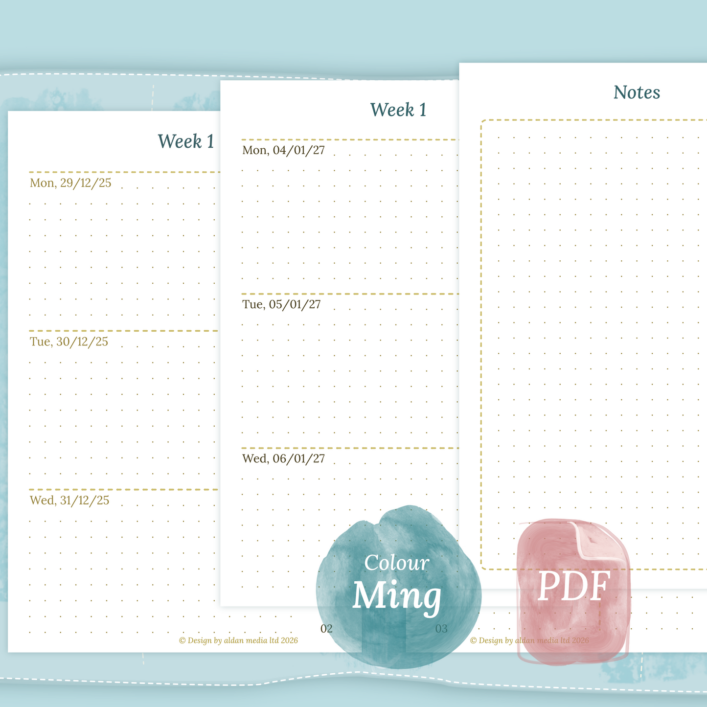 Examples featuring the PDF printable planner inserts module of W2P week on 2 pages for 2026 and 2027 in the colour Ming/Blue for Pocket size 6 ring binder planner.