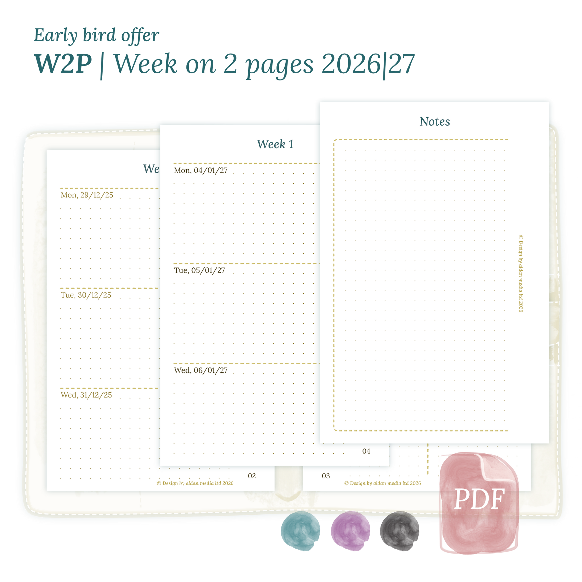 Calendar printable PDF W2P week on 2 pages module for 2026 and 2027 for Pocket size 6 ring binder planner.